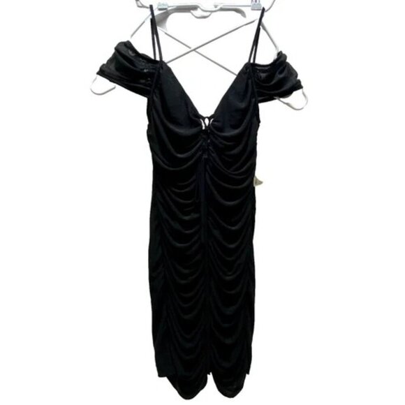 Privy Off Shoulder Shirring Mesh Dress Women's Large Black Cocktail Bodycon NWT - Picture 1 of 9